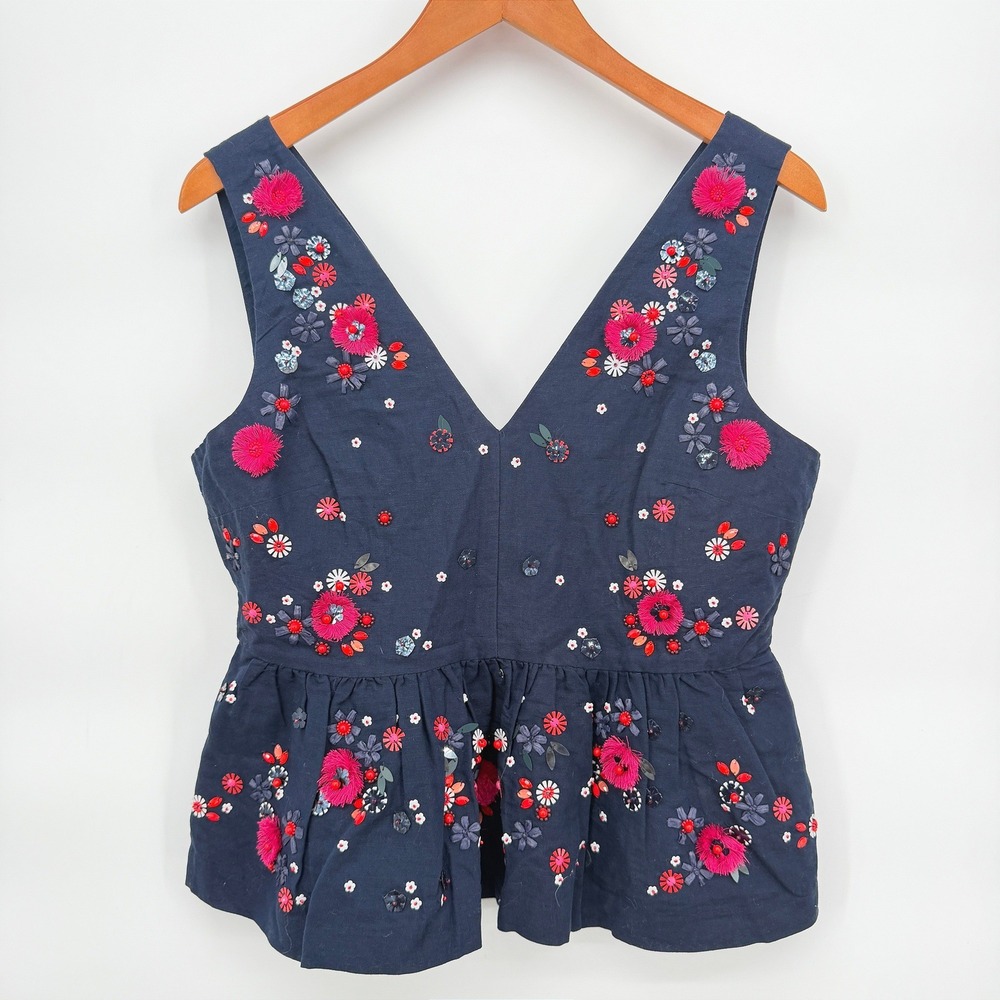 J Crew Peplum Top Embellished Boho Floral Navy Blue‎ Sleeveless Dressy Sz 4 NEW